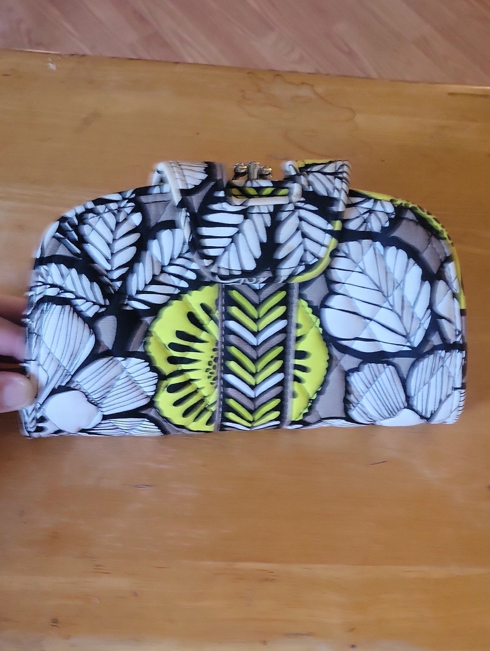 Vera Bradley Floral Quilted Wallet in White, Black & Neon Yellow